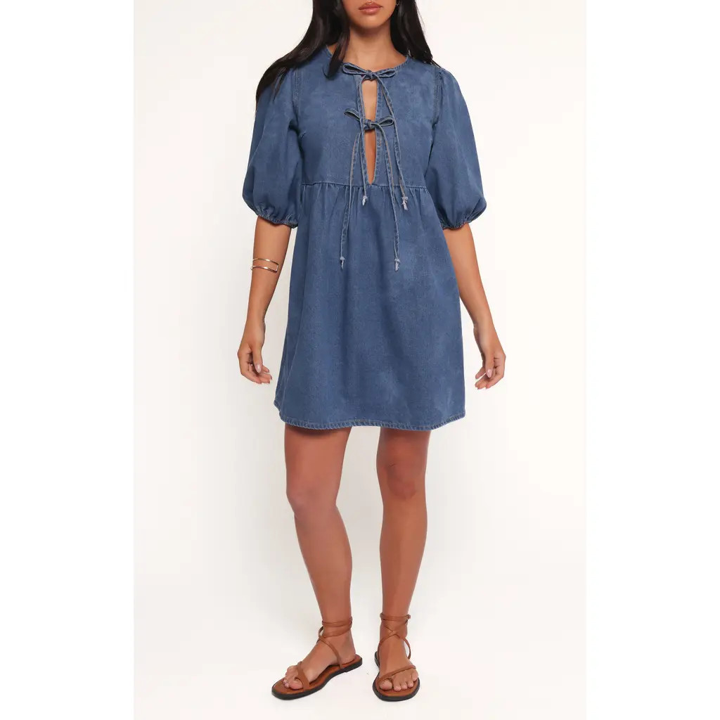 Petal & Pup Romana Tie Front Denim Minidress in Dark Denim at Nordstrom, Size Medium | Nordstrom