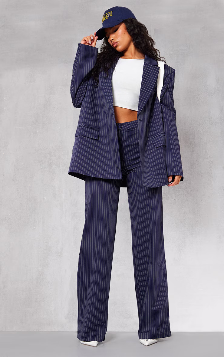 Navy Pinstripe High Waist Woven Straight Leg Trousers | PrettyLittleThing UK