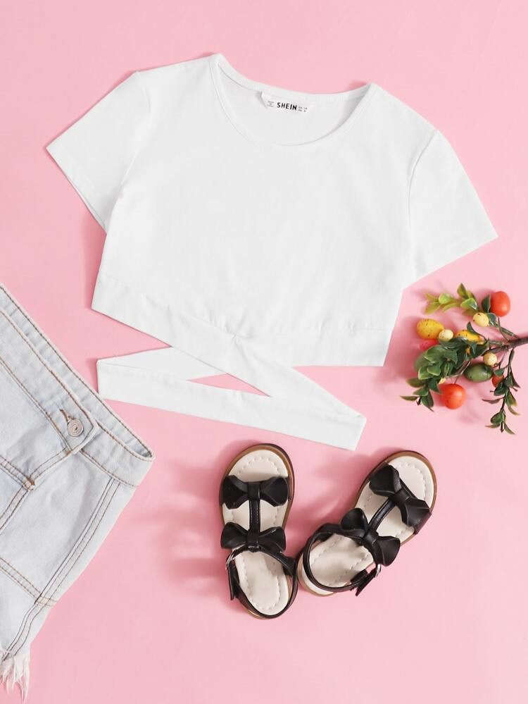 SHEIN Girls Crisscross Cutout Hem Solid Tee | SHEIN