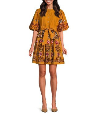 Woven Floral Print Crew Neck 3/4 Puff Sleeve Button Front Tie At Waist A-Line Flounce Mini Dress | Dillard's