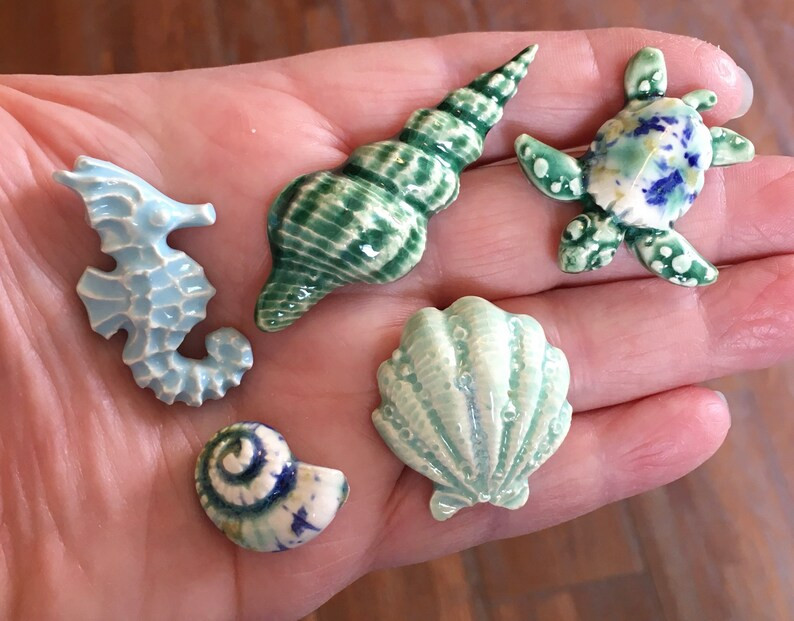 Ceramic Seashell and Sea Creature Tiles, 12pcs, variety blues and greens, beach sea tiles, nautic... | Etsy (US)
