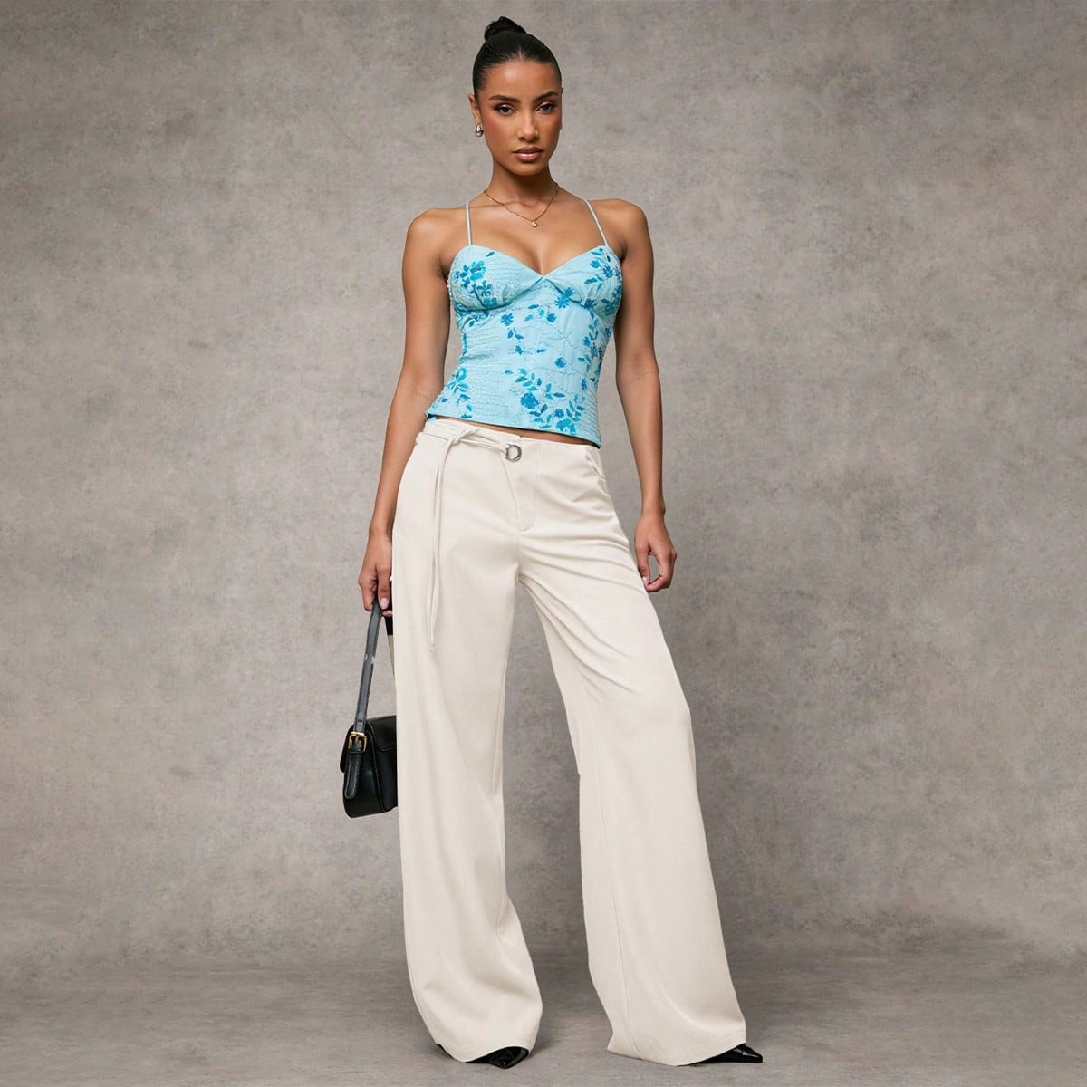 SHEIN BAE Women Solid Color Casual, Commute, Daily Loose Fit High-Waist, Eyelet Decor, Drawstring Waist, Wide Leg Relaxed Pants Work Pants | SHEIN