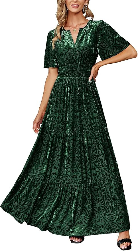 Amegoya Women's Velvet Short Sleeve V Neck Formal Wedding Guest Maxi Dresses Fall Evening Party L... | Amazon (US)