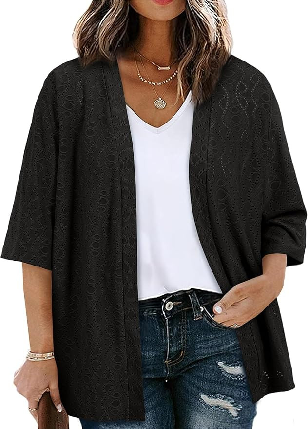 Eytino Plus Size Cardigan for Women Half Sleeve Knitted Jacquard Summer Kimono Cover up Tops(1X-5... | Amazon (US)