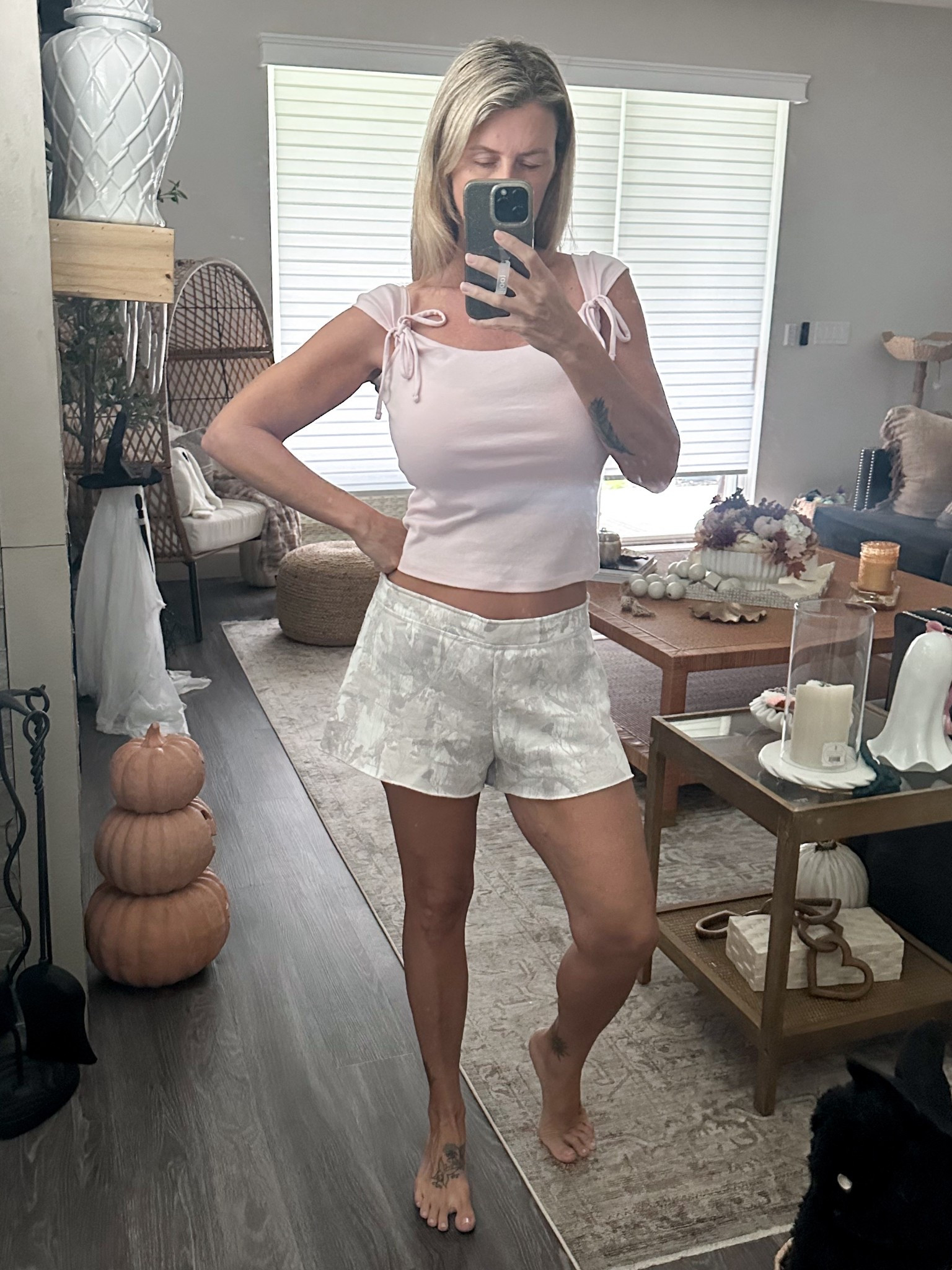 Casual but cute at home meeting day working on podcast details excited to share more love these camo shorts that are huge on me now and the cute bow details on the tank. #camo #shorts #bowdetails #tanktop #casualstyle #ootd #wiw #outfit #hollister 

#LTKSeasonal #LTKStyleTip #LTKOver40