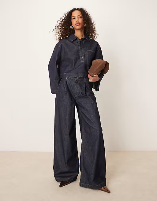ASOS DESIGN wide leg jeans with pleats in dark indigo | ASOS (Global)