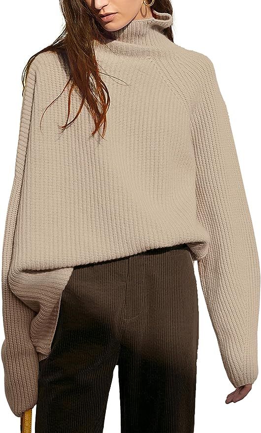 Womens Turtleneck Oversized Cozy Sweaters Asymmetric Hem Long Sleeve Casual Loose Pullover Knit T... | Amazon (US)