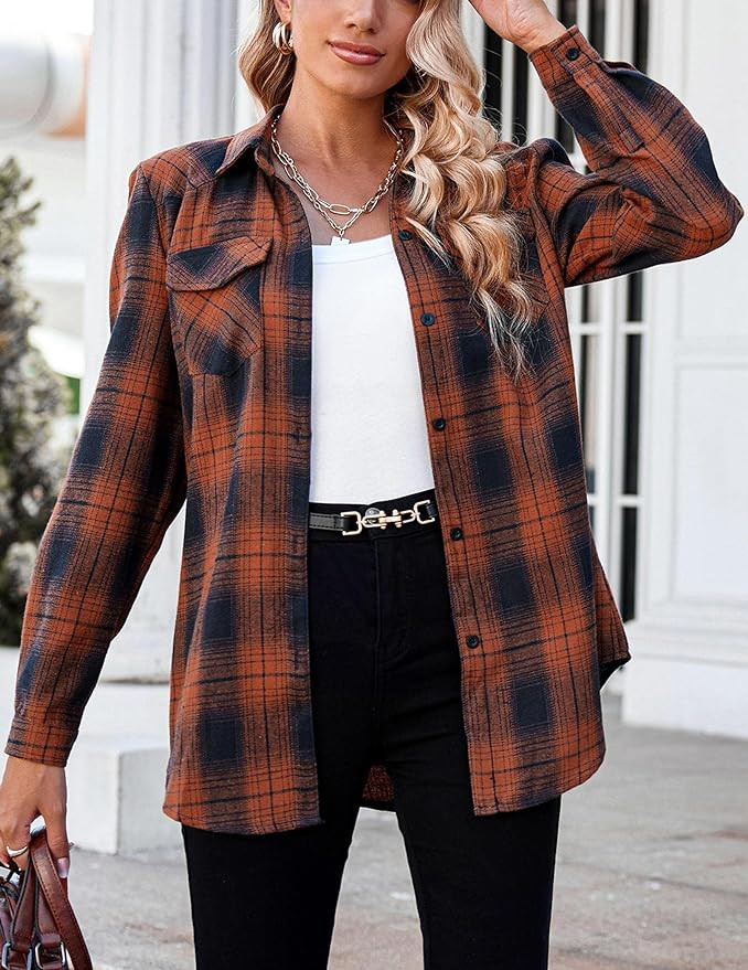 Zeagoo Womens Button Down Flannel Shirts Plaid Shacket Casual Long Sleeve Collared Shirt Work Top... | Amazon (US)