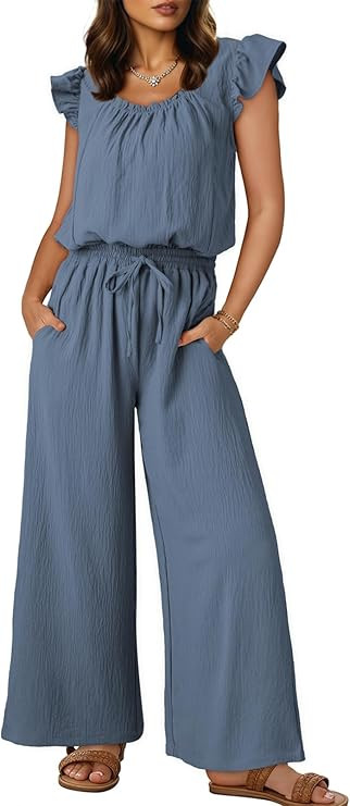 Dokotoo Jumpsuits for Women 2026 Summer Ruffle Sleeves Square Neck Rompers Drawstring Overalls wi... | Amazon (US)