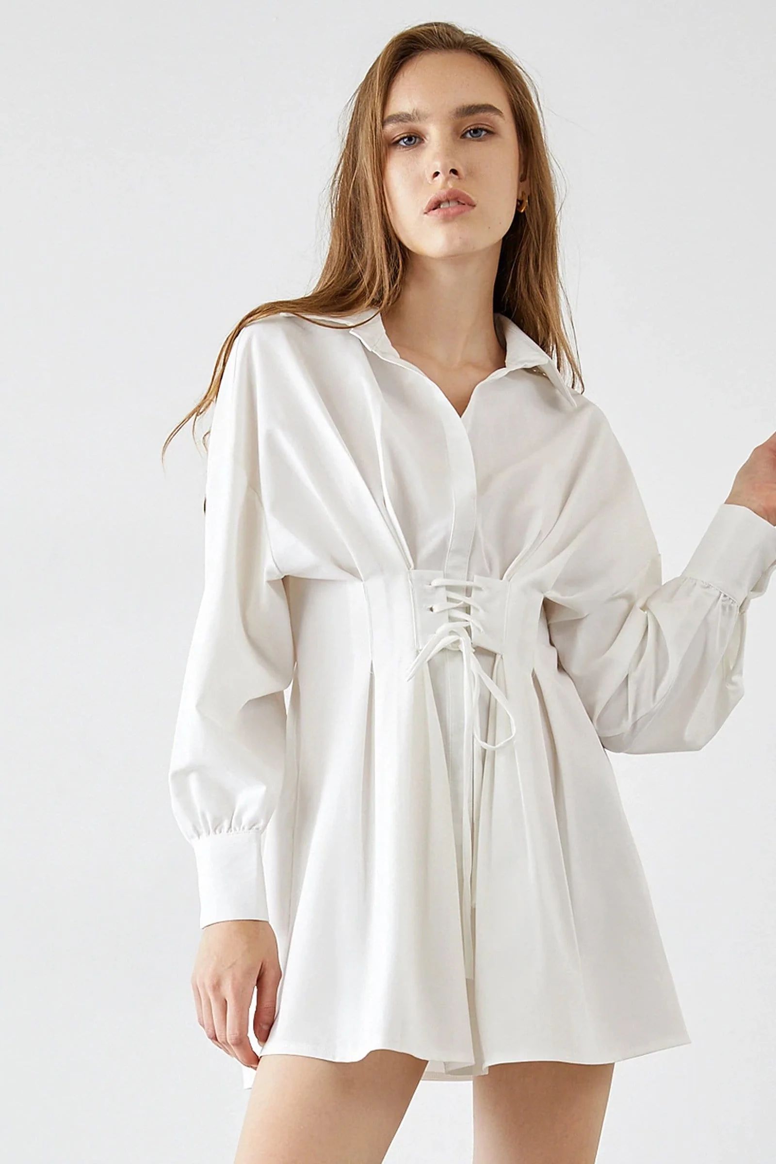 Adalie White Cinched Waist Shirt Dress | J.ING