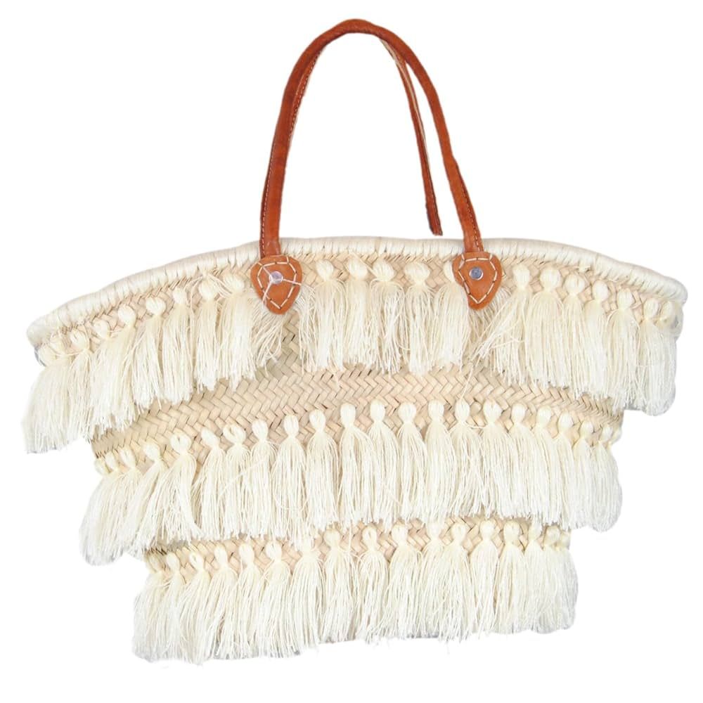 Straw beach bag with small wool pom pom,french Market Bag, straw market bag, straw bag, woven mar... | Amazon (US)