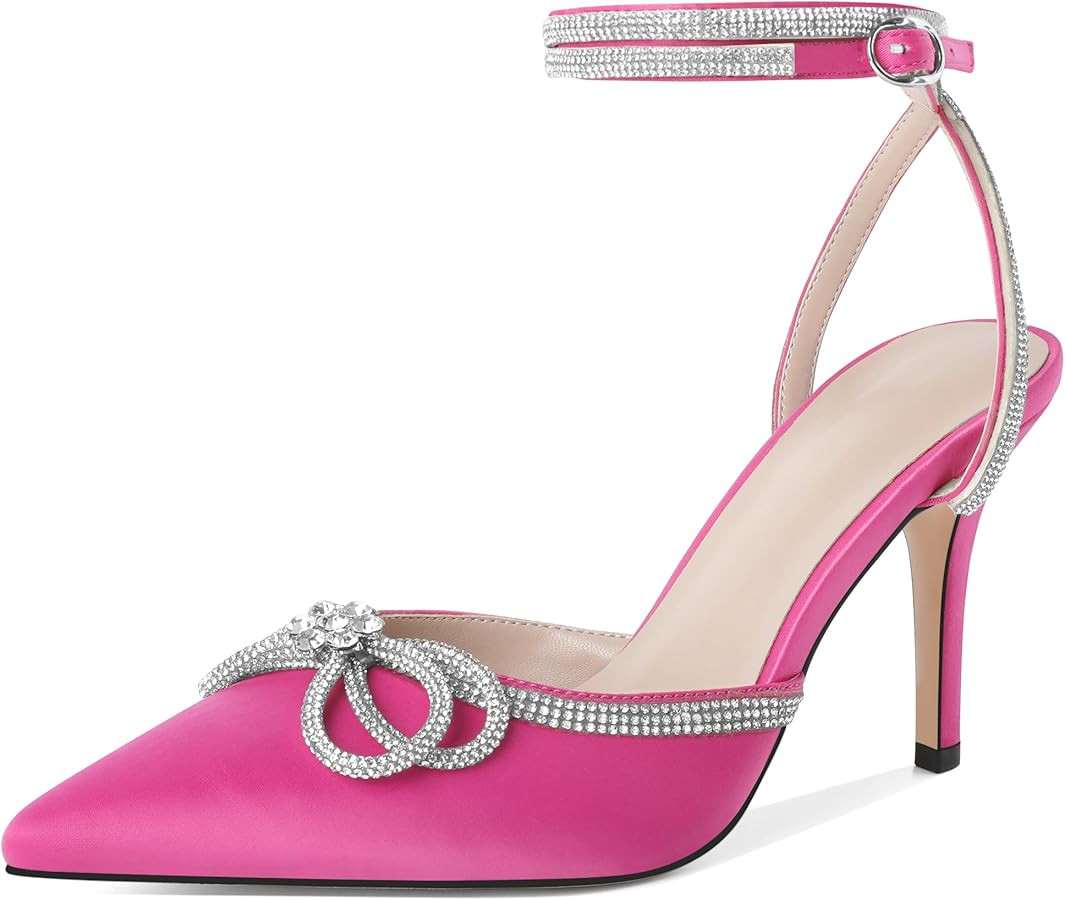 Joseywade Rhinestone Bow Heels High Stiletto Pumps Closed Pointed Toe Women Lace-up Strappy Ankle... | Amazon (US)