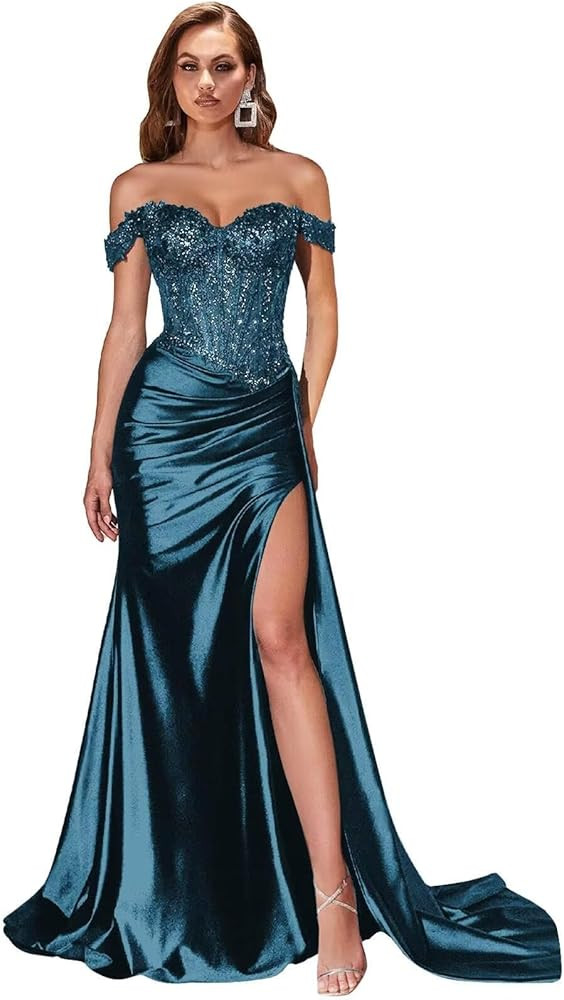 Mermaid Prom Dresses for Women Appliques Satin Formal Dress with Slit LW078 | Amazon (US)