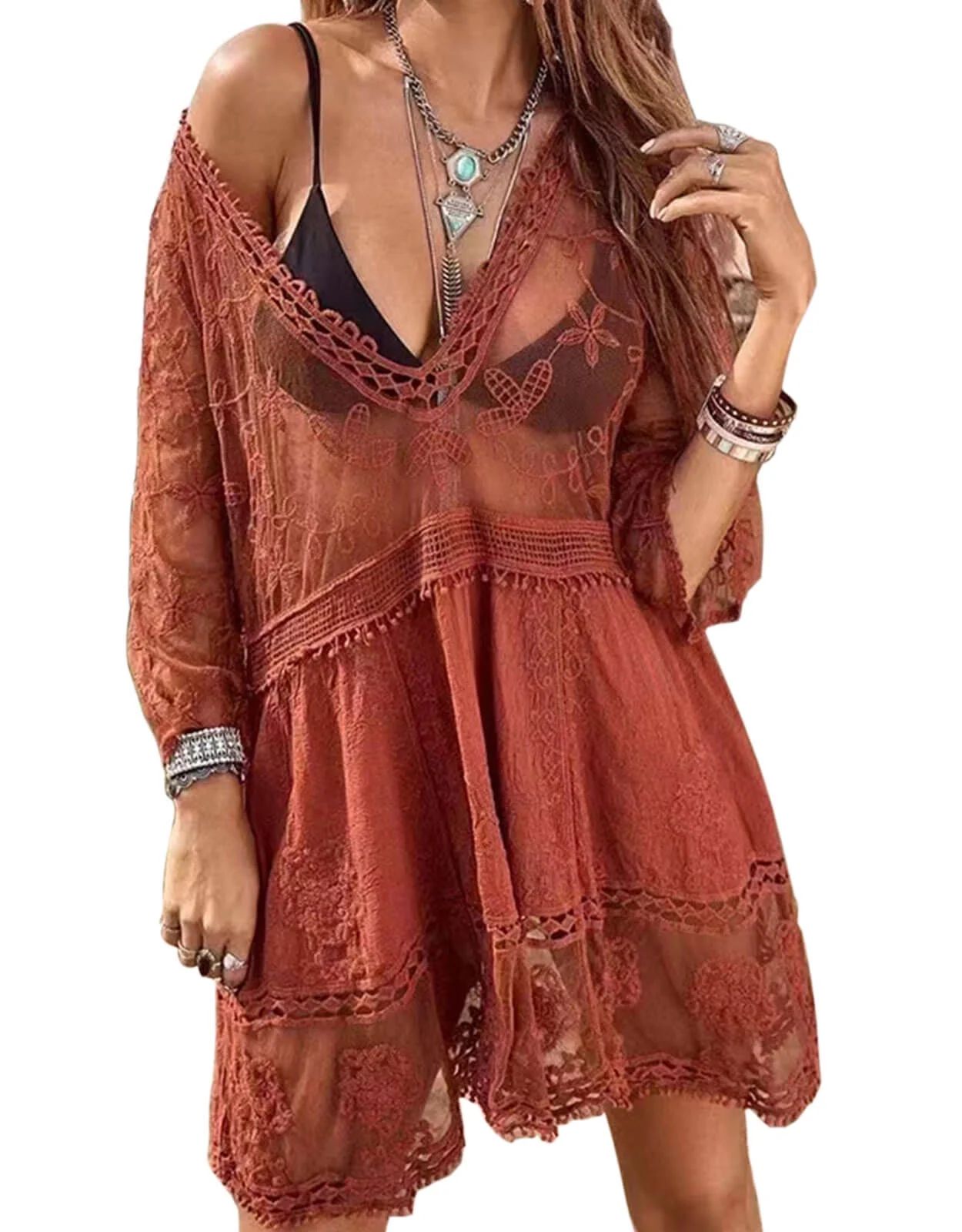 Swimsuit Coverup for Women Lace Stitching Bathing Suit Cover Ups Plus Size Beach Coverup Alsol La... | Walmart (US)