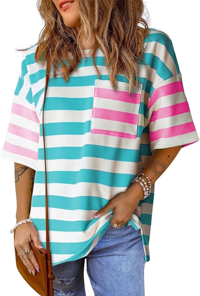 ebossy Womens Color Block Striped T Shirt Comfy Loose Cotton Short Sleeve Tops Oversized Crewneck... | Amazon (US)
