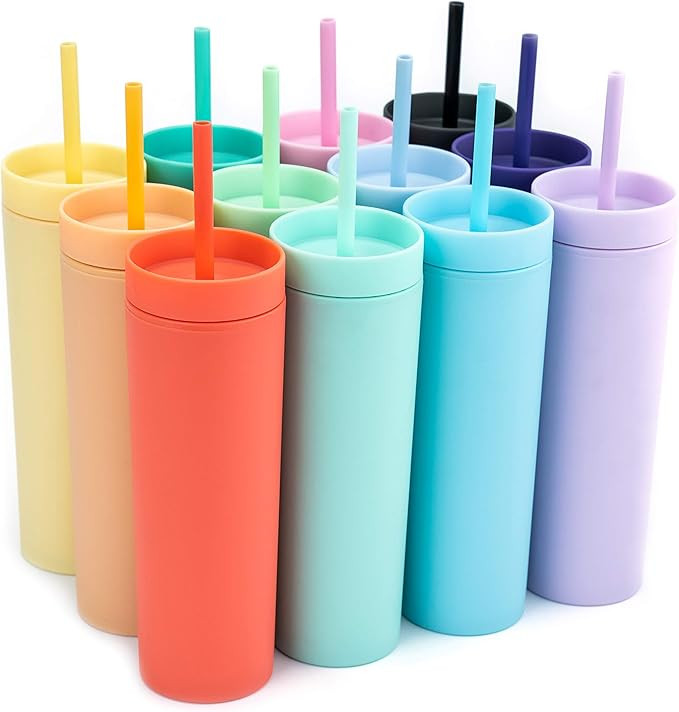 STRATA CUPS Skinny Tumblers (12 pack) 16oz Tumbler Matte Pastel Colored Acrylic, Tumblers with Li... | Amazon (US)
