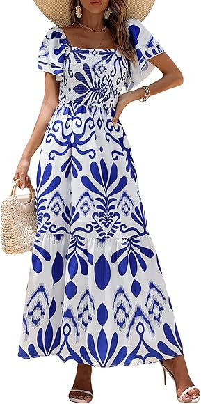 MakeMeChic Women's Floral Print Layered Short Sleeve Square Neck Ruffle High Waist A Line Summer ... | Amazon (US)