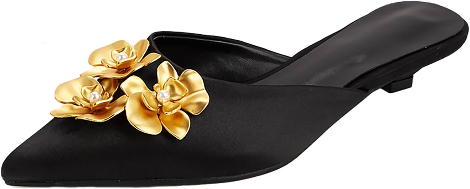 Women's Satin 3D Metal Flower Kitten Heel Mules Fashion Pearl Closed Pointed Toe Slip On Comfort ... | Amazon (US)