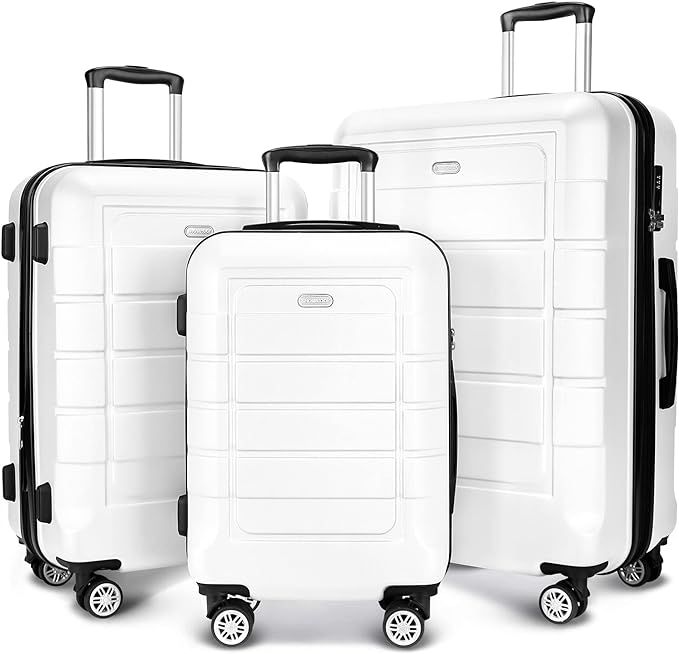 SHOWKOO Luggage Sets Expandable PC+ABS Durable Suitcase Double Wheels TSA Lock White 3pcs | Amazon (US)