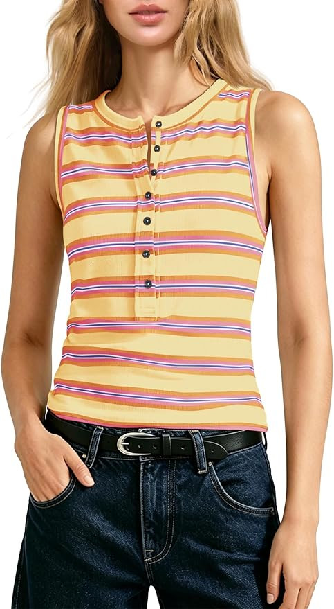 Yanekop Womens Striped Tank Tops Wide Strap Slim Fit Camisole Henley Neck Button Down Sleeveless ... | Amazon (US)