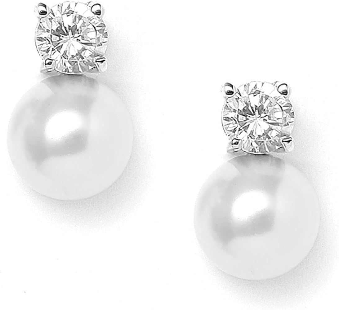 Mariell 9mm White Glass Pearl Bridal or Bridesmaid Stud Earrings with CZ Top, Wedding Jewelry for... | Amazon (US)