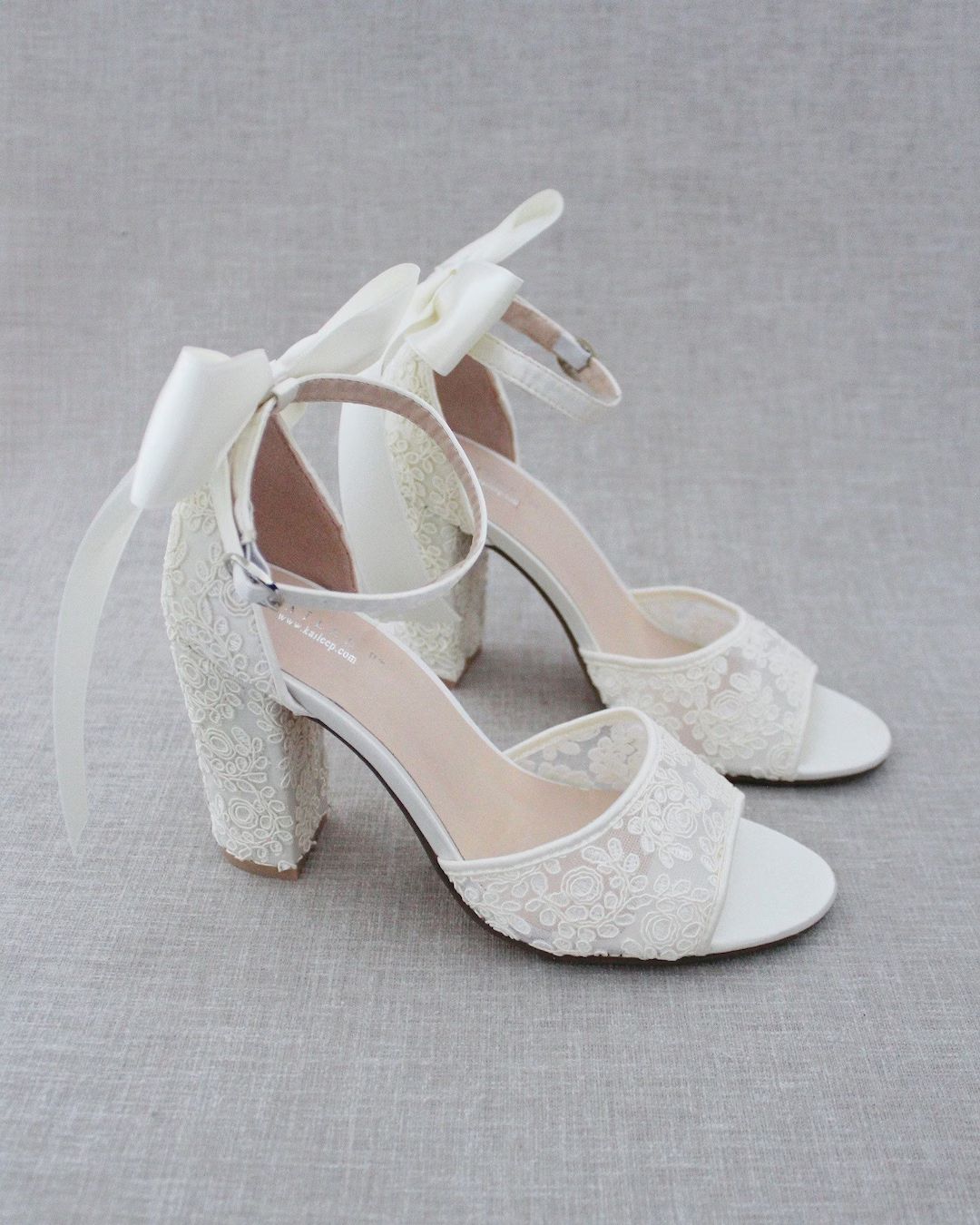 White & Ivory Crochet Lace Block Heel Sandals With SATIN BACK - Etsy | Etsy (US)
