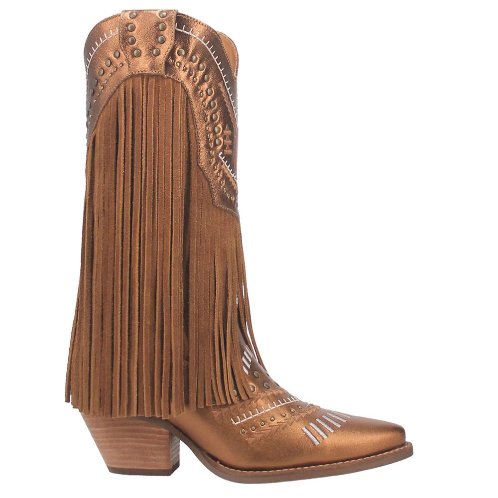 Shop Brown Womens Dingo Gypsy Studded Fringe Metallic Snip Toe Cowboy Boots | Shoebacca