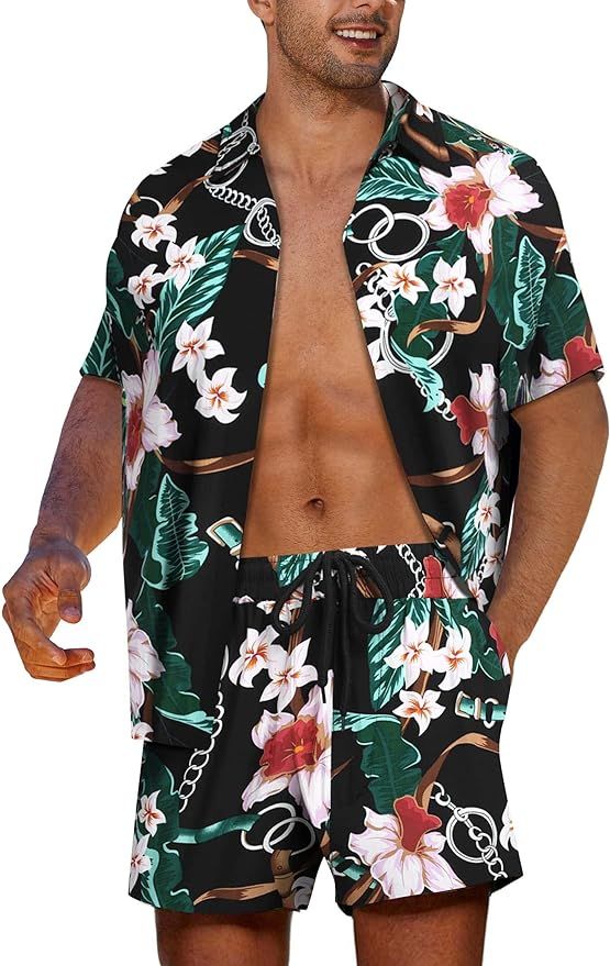 LBL Leading the Better Life Men's Tracksuits Flower Button Down Hawaiian Shirt Set 2 Piece Outfit | Amazon (US)