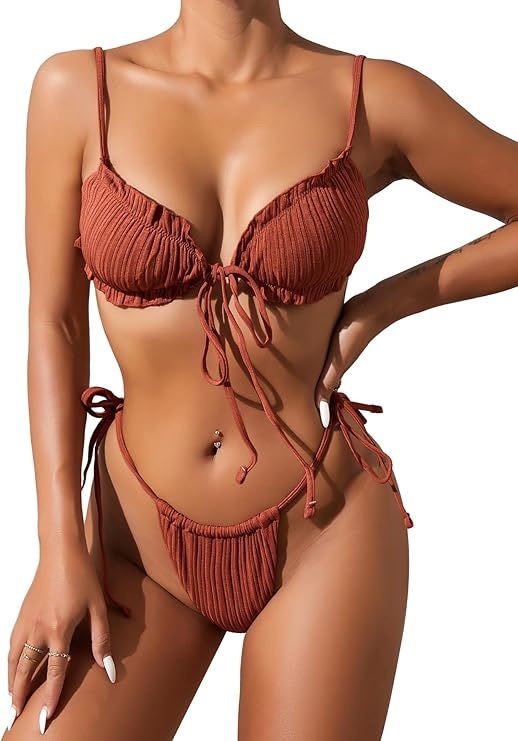 Lilosy Sexy Ribbed Padded String Thong Brazilian Bikini Swimsuit Set for Women Side Tie Knotted B... | Amazon (US)