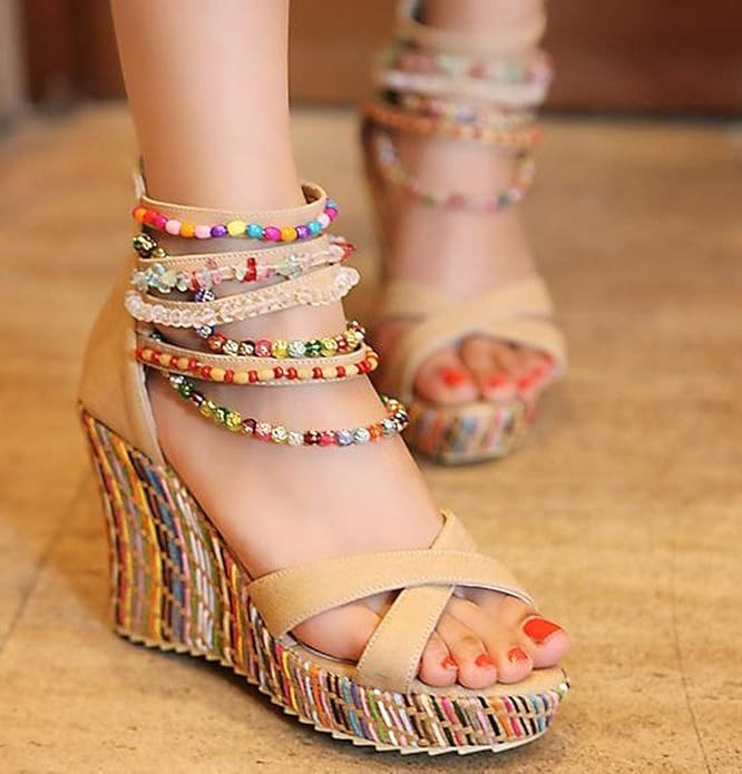 getmorebeauty Women's Wedge Sandals With Pearls Across The Top Platform Sandals High Heels | Amazon (US)
