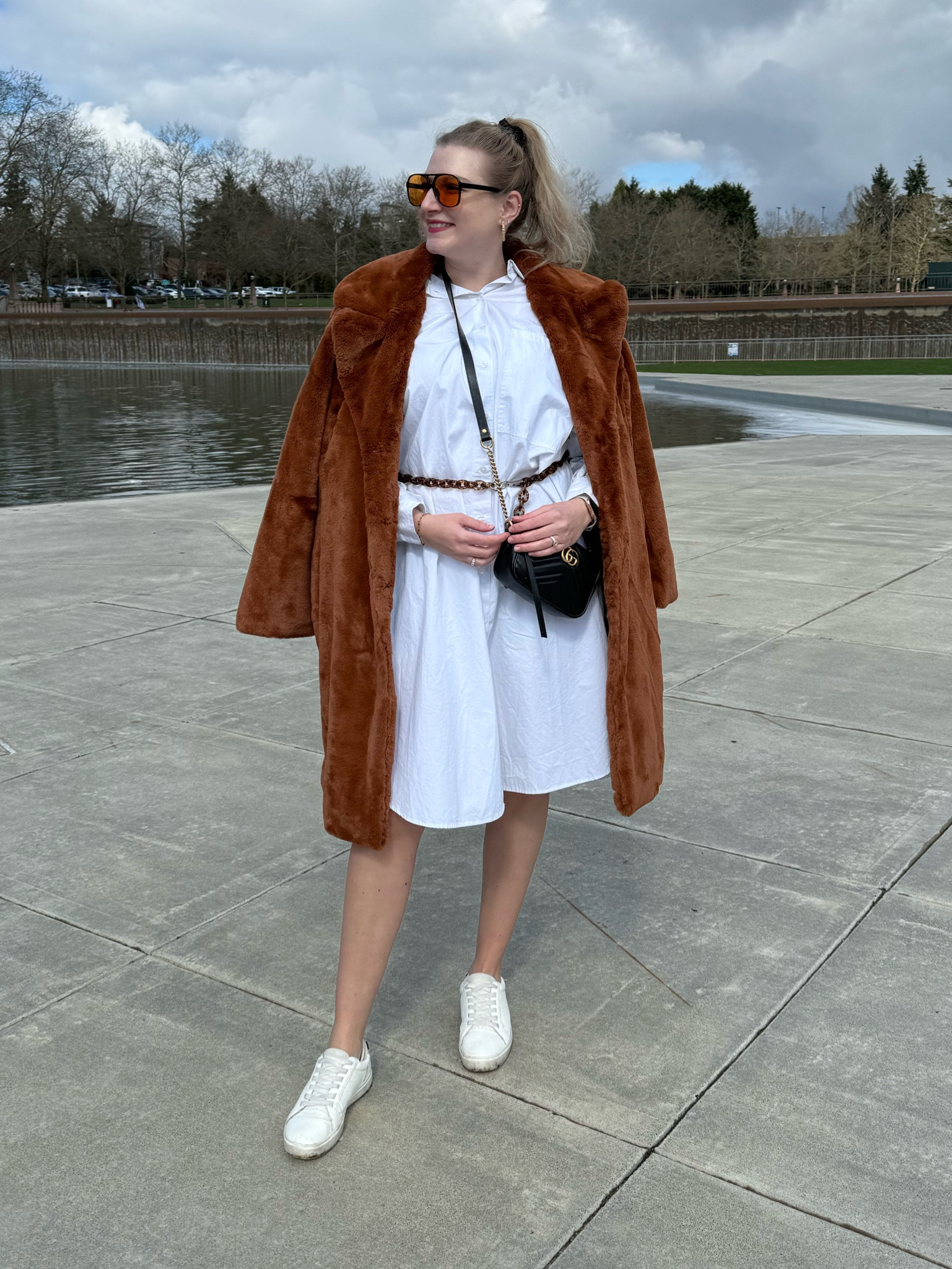 Poplin shirt dress, faux fur coat, white sneakers 

#LTKfindsunder100 #LTKmidsize #LTKfindsunder50