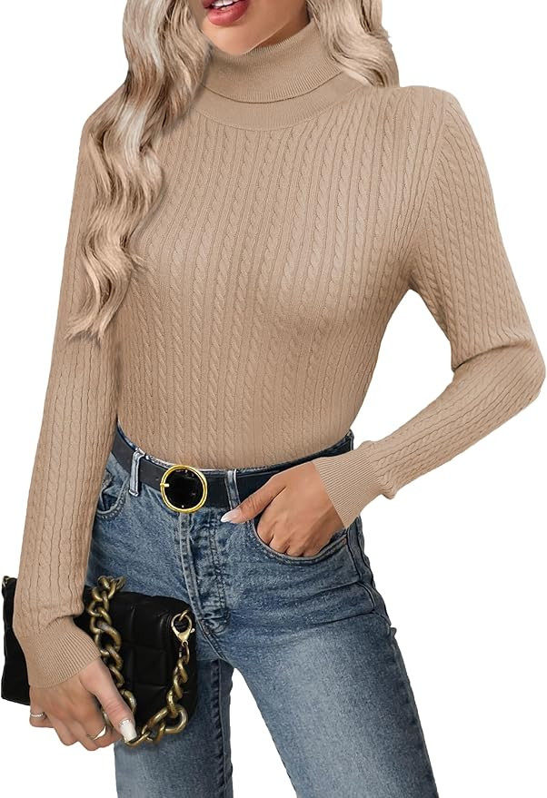 Zeagoo Womens Sweaters 2024 Turtleneck Cable Knit Long Sleeve Slim Fitted Basic Fall Tops | Amazon (US)