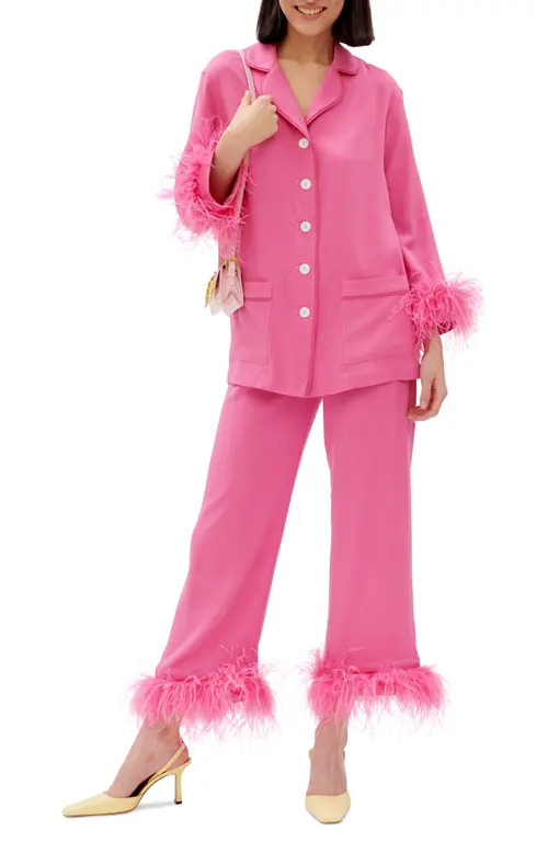 Sleeper Party Pajamas with Detachable Ostrich Feather Trim in Pink at Nordstrom, Size Large | Nordstrom
