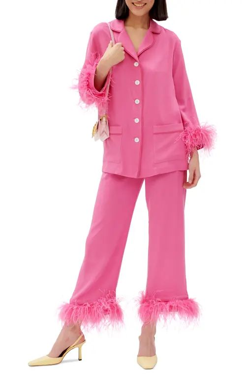 Sleeper Party Pajamas with Detachable Ostrich Feather Trim in Pink at Nordstrom, Size X-Large | Nordstrom