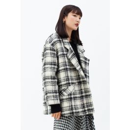 Contrasted Color Double-Breasted Tweed Coat in Ivory | Chicwish