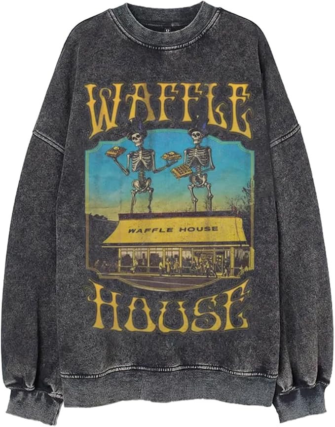 Bellelement Waffle House Acid Wash Oversized Vintage Sweatshirt Long Sleeve Loose Pullover Unisex | Amazon (US)