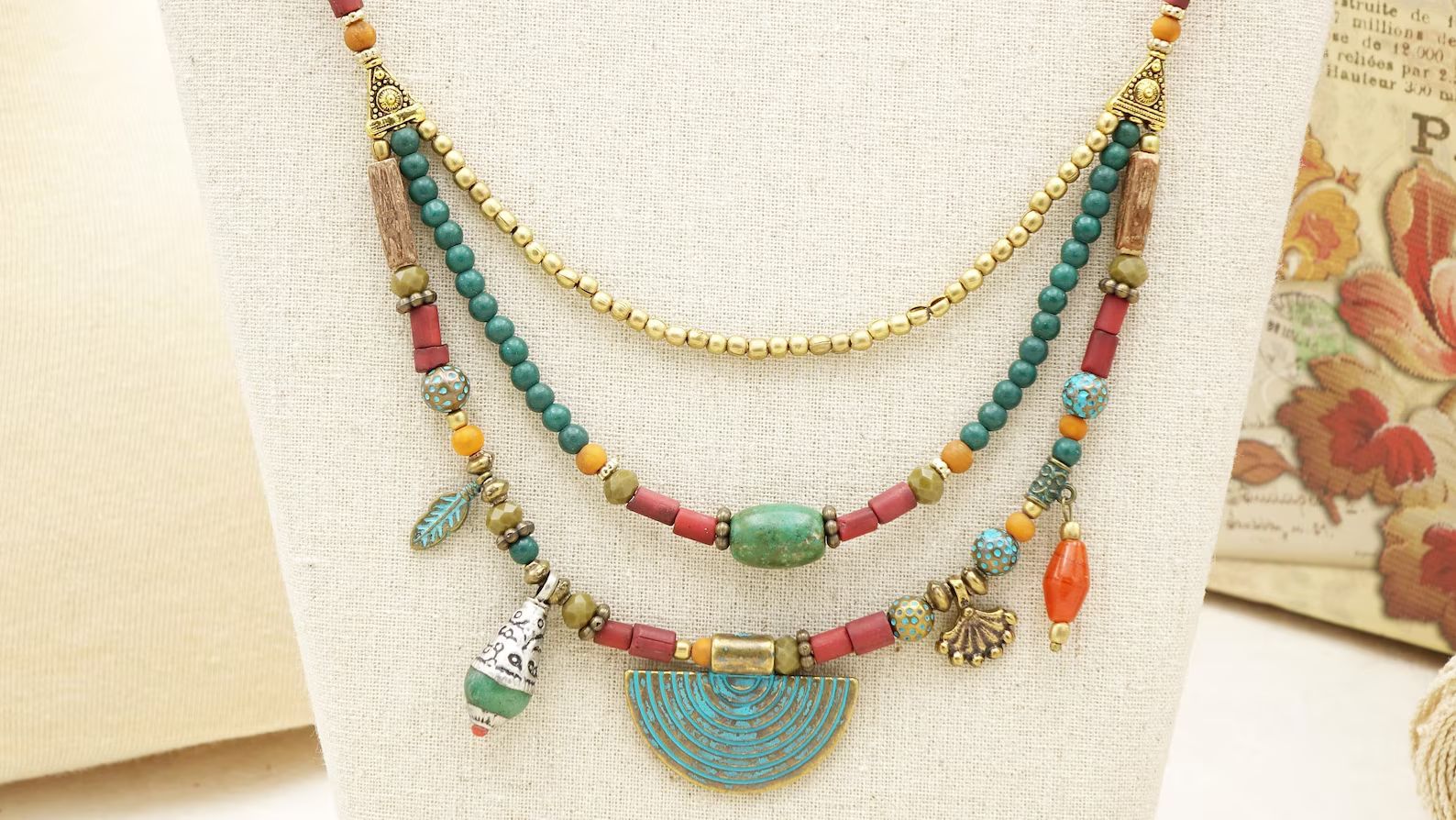 Beaded Necklace - Triple Layered Necklace -Boho Chic Turquoise Necklace - Unique Handmade Jewelry... | Etsy (EU)