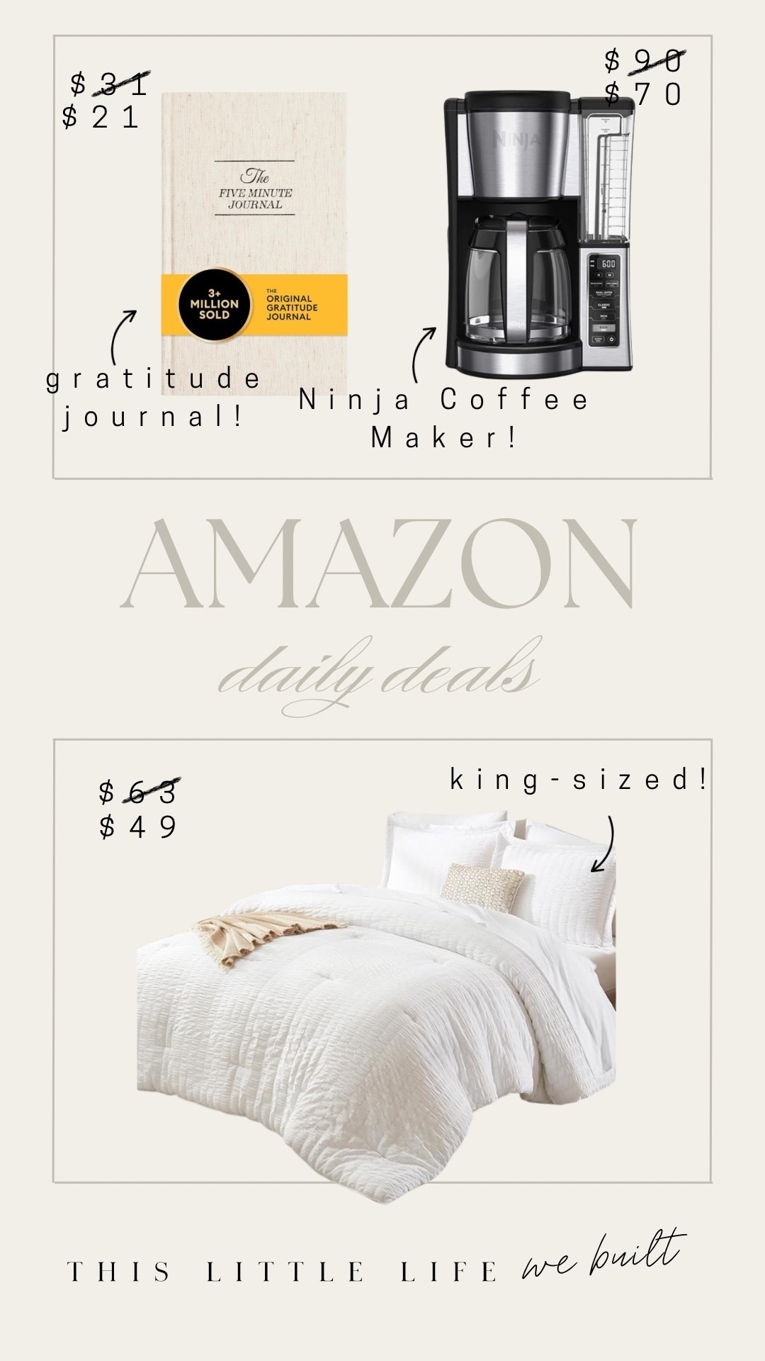 Amazon daily deals! 


Ninja coffee maker, comforter, gratitude journal, Amazon home, affordable home 

#LTKSaleAlert #LTKU #LTKHome
