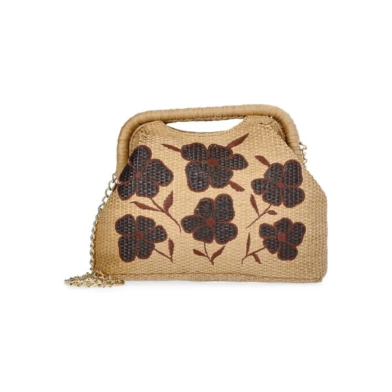 Time and Tru Women's Embroidered Straw Frame Clutch Handbag, Natural | Walmart (US)
