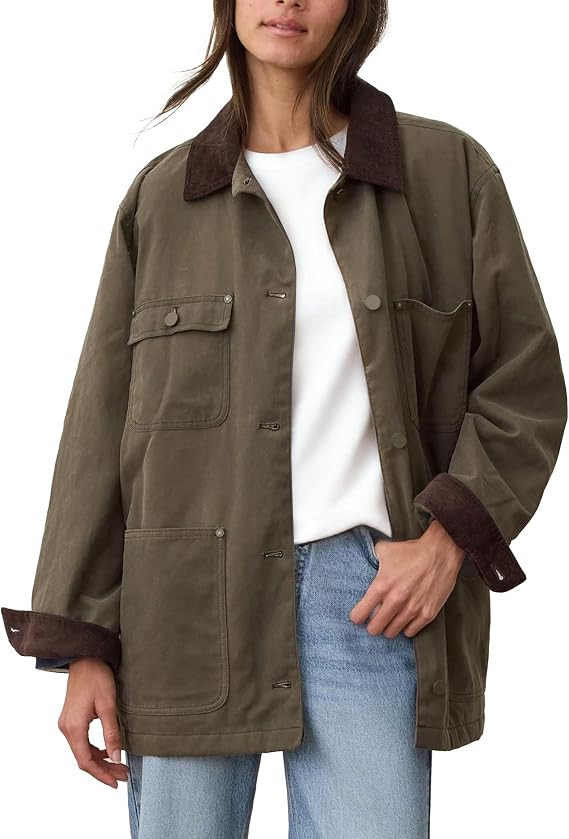 Womens Utility Barn Jackets Oversized Vintage Corduroy Collar Coat | Amazon (US)