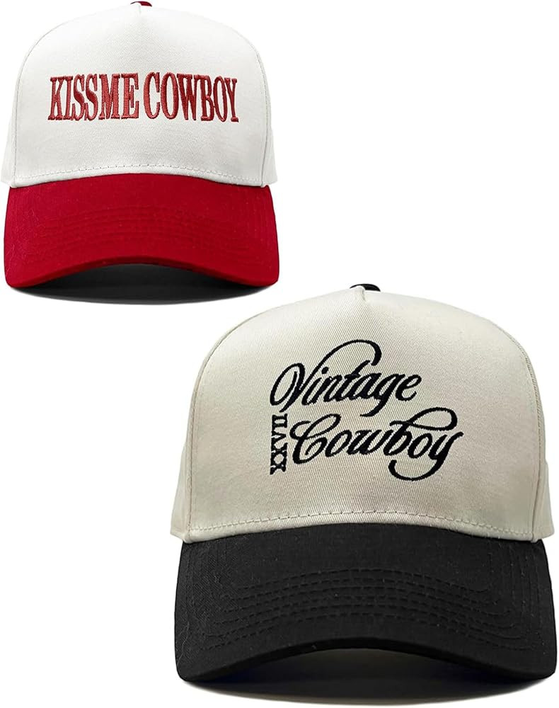 2 Pack: Two Tone Snapback Hat - Kiss Me Cowboy - White/Red & Vintage Cowboy - Black/Beige | Amazon (US)