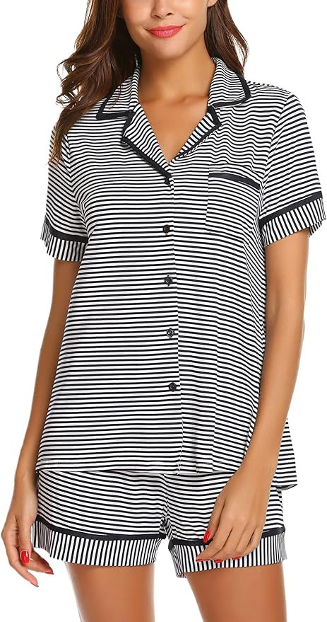 Ekouaer Women's Buttons Down Short Pajamas V Neck Nightwear Boy Friends Shirt Sleepwear (Navy Blu... | Amazon (US)