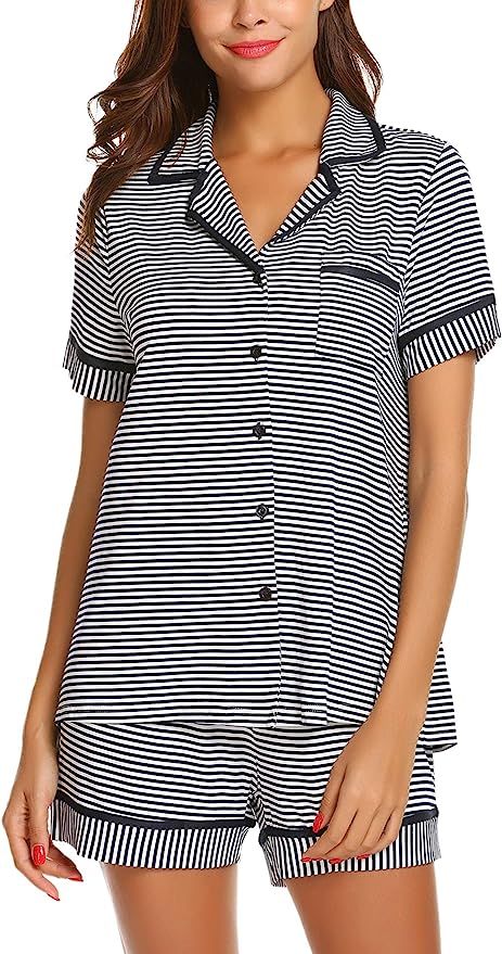 Ekouaer Women's Buttons Down Short Pajamas V Neck Nightwear Boy Friends Shirt Sleepwear (Navy Blu... | Amazon (US)