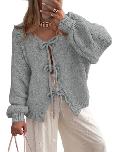 PRETTYGARDEN Women's Tie Front Bow Cardigan Sweaters Chunky Knit Long Puff Sleeve Trendy Fall Win... | Amazon (US)