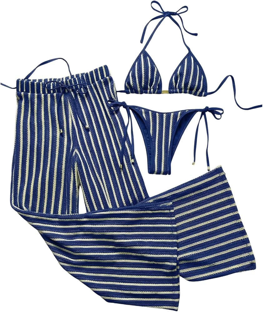 Verdusa Women's 3 Piece Cheeky Striped Crochet Bikini Set Halter Tie Side Swimsuits with Cover Up... | Amazon (US)