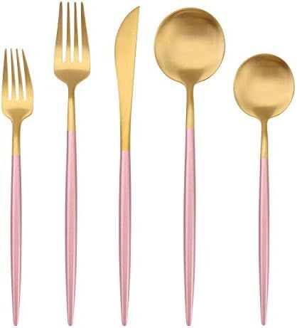 Matte Gold Silverware Set with pink handle, Bysta 5-Piece Stainless Steel Flatware Set, Kitchen Uten | Amazon (US)
