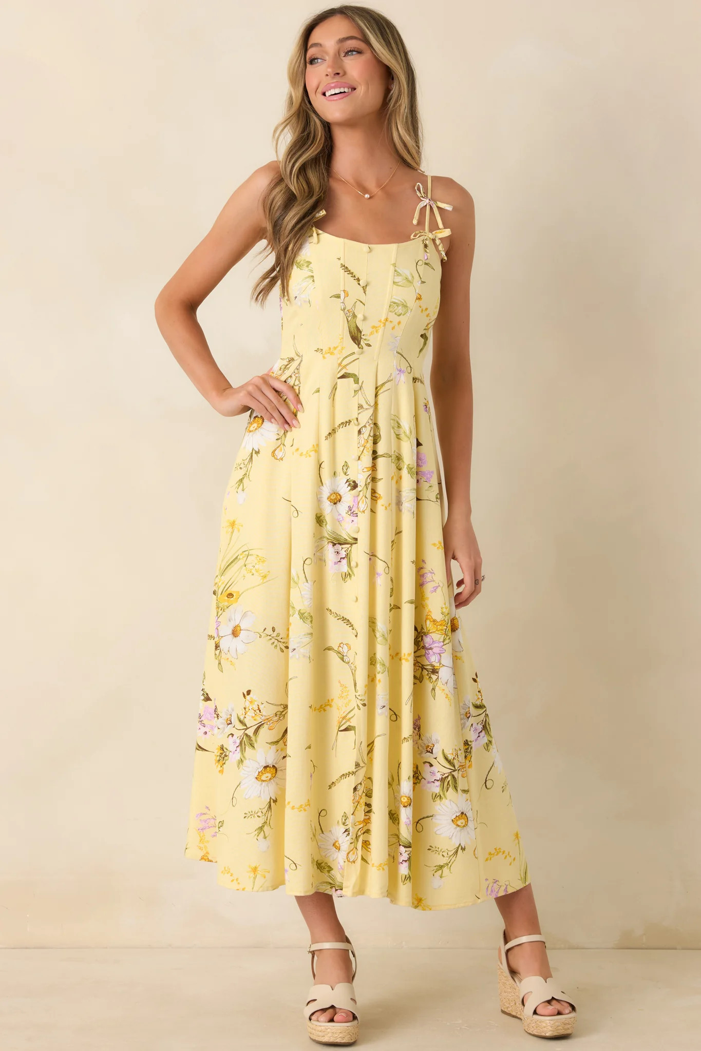 A Dash of Sunshine Yellow Multi Floral Print Bow Accent Strap Midi Dress | Red Dress