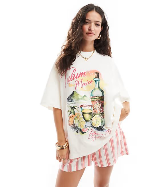 ASOS DESIGN boyfriend fit t-shirt with tequila drink Tulum graphic in cream | ASOS (Global)