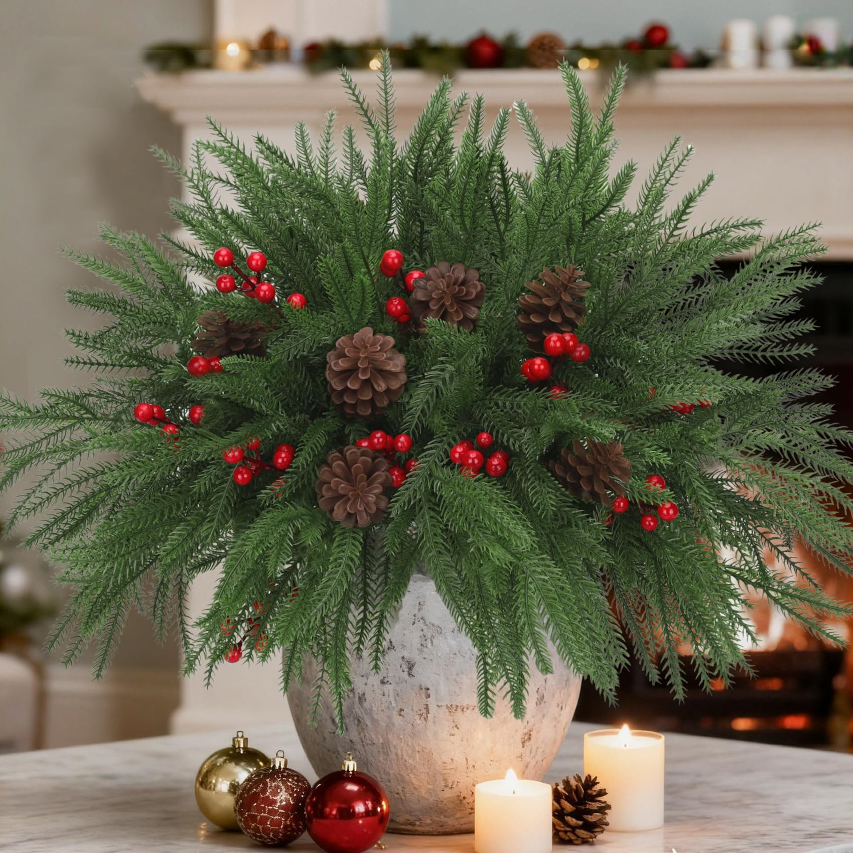 Bassion 12 Pcs Real Touch Christmas Norfolk Pine Stems Branches, 18" Realistic Norfolk Pines Pick... | Amazon (US)