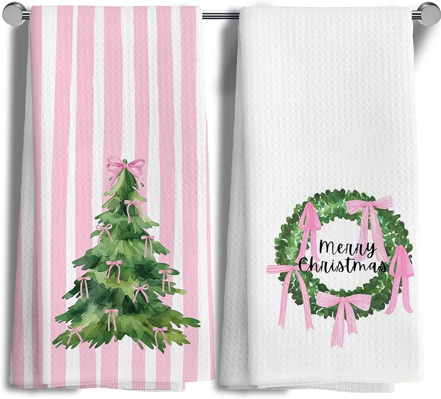 Coquette Pink Christmas Hand Towels Set of 2,Christmas Tree Dish Towels， Pink Bow Chinoiserie C... | Amazon (US)